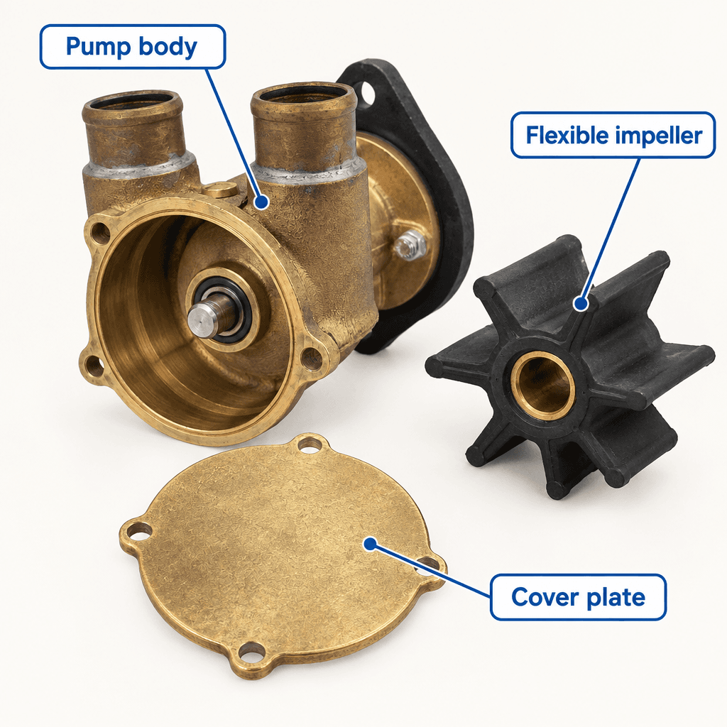 Example diagram labeling a seawater pump body, flexible impeller, and cover plate