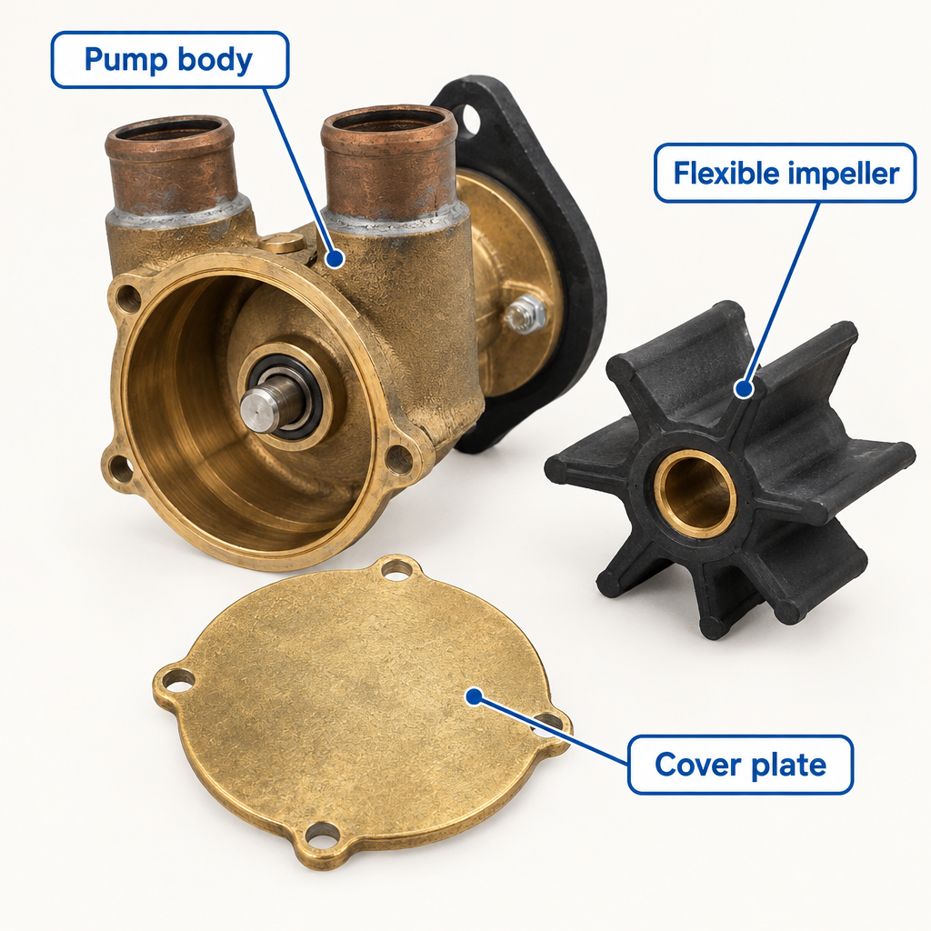Illustrative marine maintenance guide for: Show me the raw-water pump on a Yanmar inboard diesel.